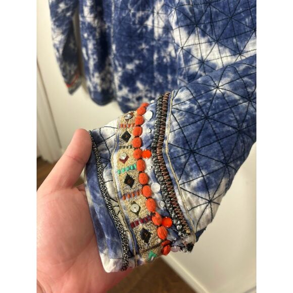 Chico's Blue Tie Dye Quilted Open Jacket Embroidered Chicos Size M Pompom Boho - Picture 5 of 6